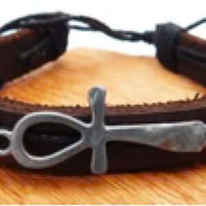 Handmade Brown Leather Bracelet with Silver Ankh Charm